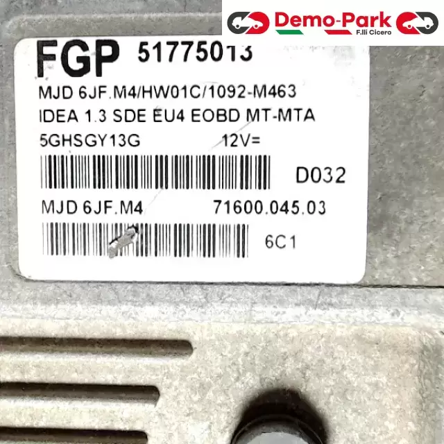 CENTRALINA MOTORE Lancia MUSA - 1.3 MJET FGP 51775013   MJD 6JF.M4/HW01C/1092-M463    5GHSGY13G 1